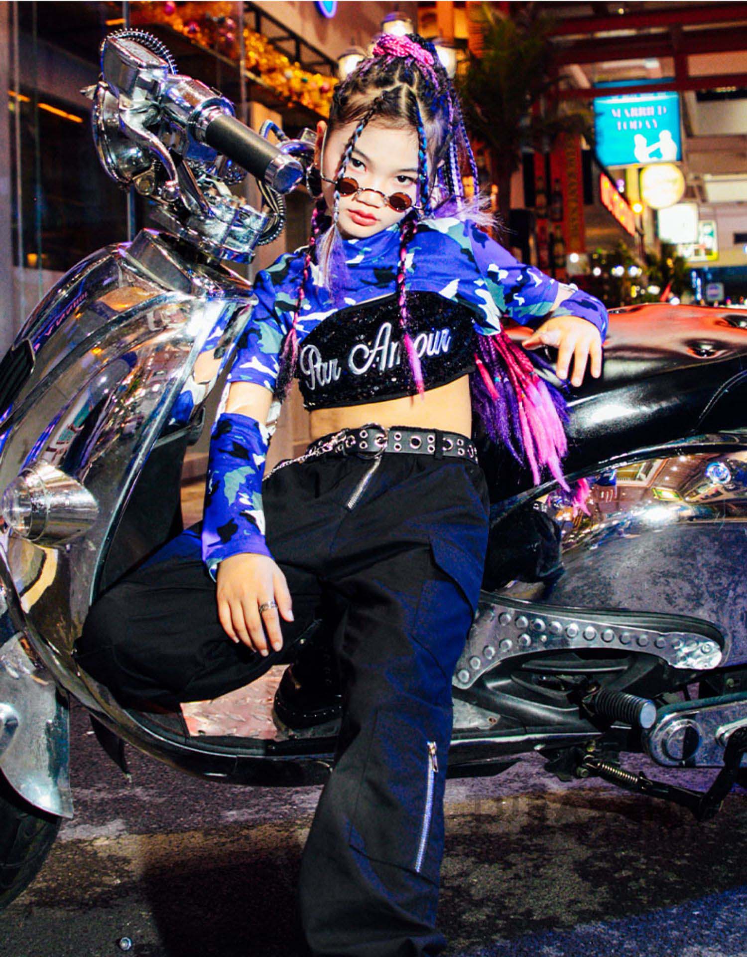 ダンス衣装 キッズ 女の子 迷彩 黒 紫 韓国 HIPHOP へそ出し 演習 ステージ衣装 ジャズダンス衣装 ヒップホップ セット 