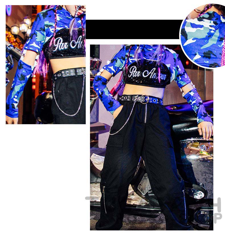 ダンス衣装 キッズ 女の子 迷彩 黒 紫 韓国 HIPHOP へそ出し 演習 ステージ衣装 ジャズダンス衣装 ヒップホップ セット 