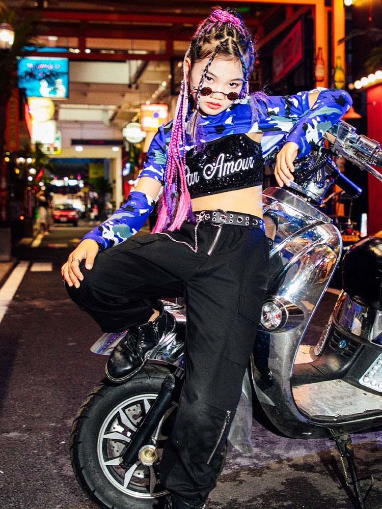ダンス衣装 キッズ 女の子 迷彩 黒 紫 韓国 HIPHOP へそ出し 演習 ステージ衣装 ジャズダンス衣装 ヒップホップ セット 
