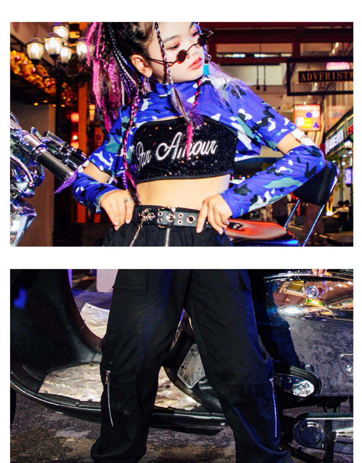 ダンス衣装 キッズ 女の子 迷彩 黒 紫 韓国 HIPHOP へそ出し 演習 ステージ衣装 ジャズダンス衣装 ヒップホップ セット 