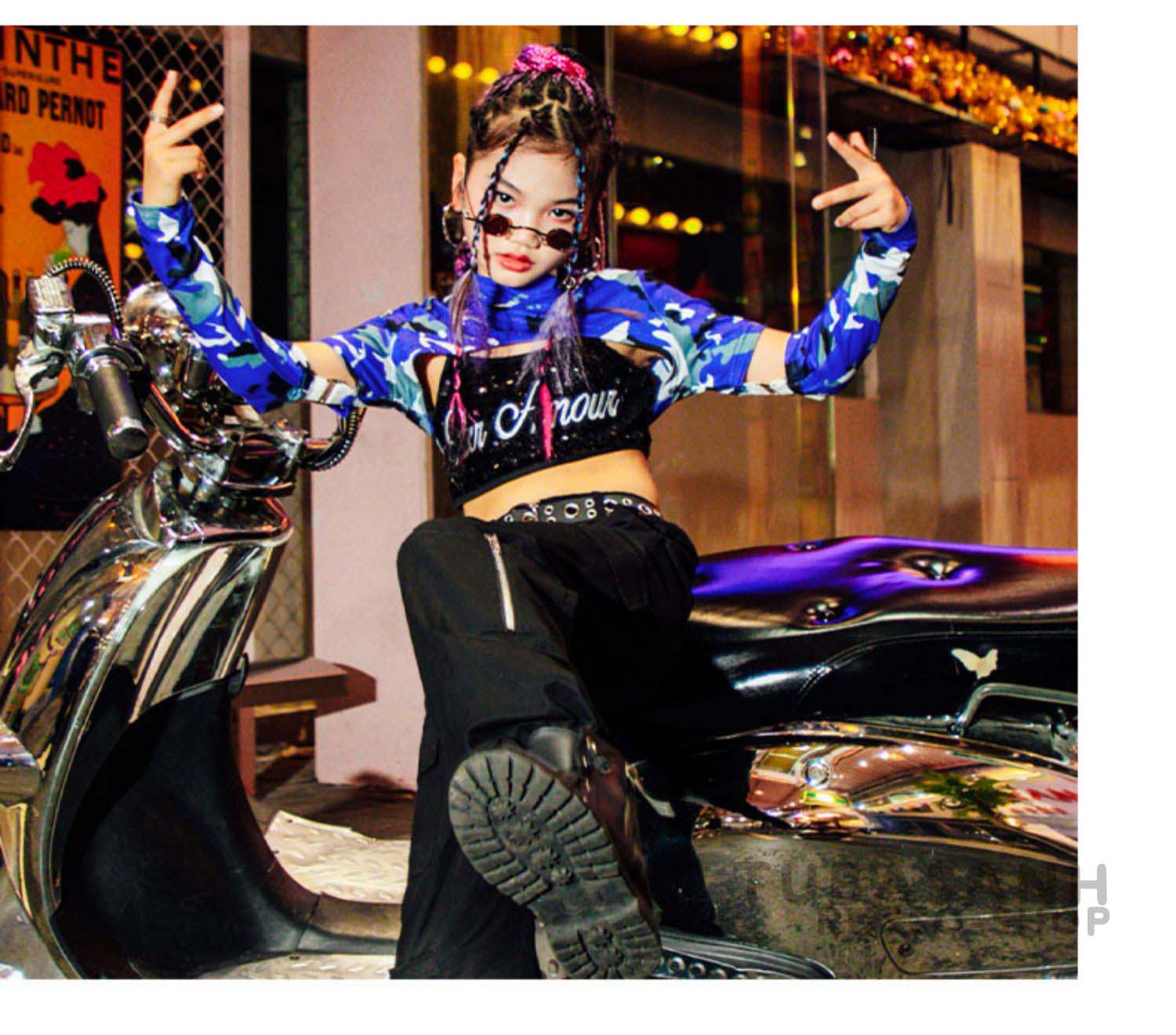 ダンス衣装 キッズ 女の子 迷彩 黒 紫 韓国 HIPHOP へそ出し 演習 ステージ衣装 ジャズダンス衣装 ヒップホップ セット 