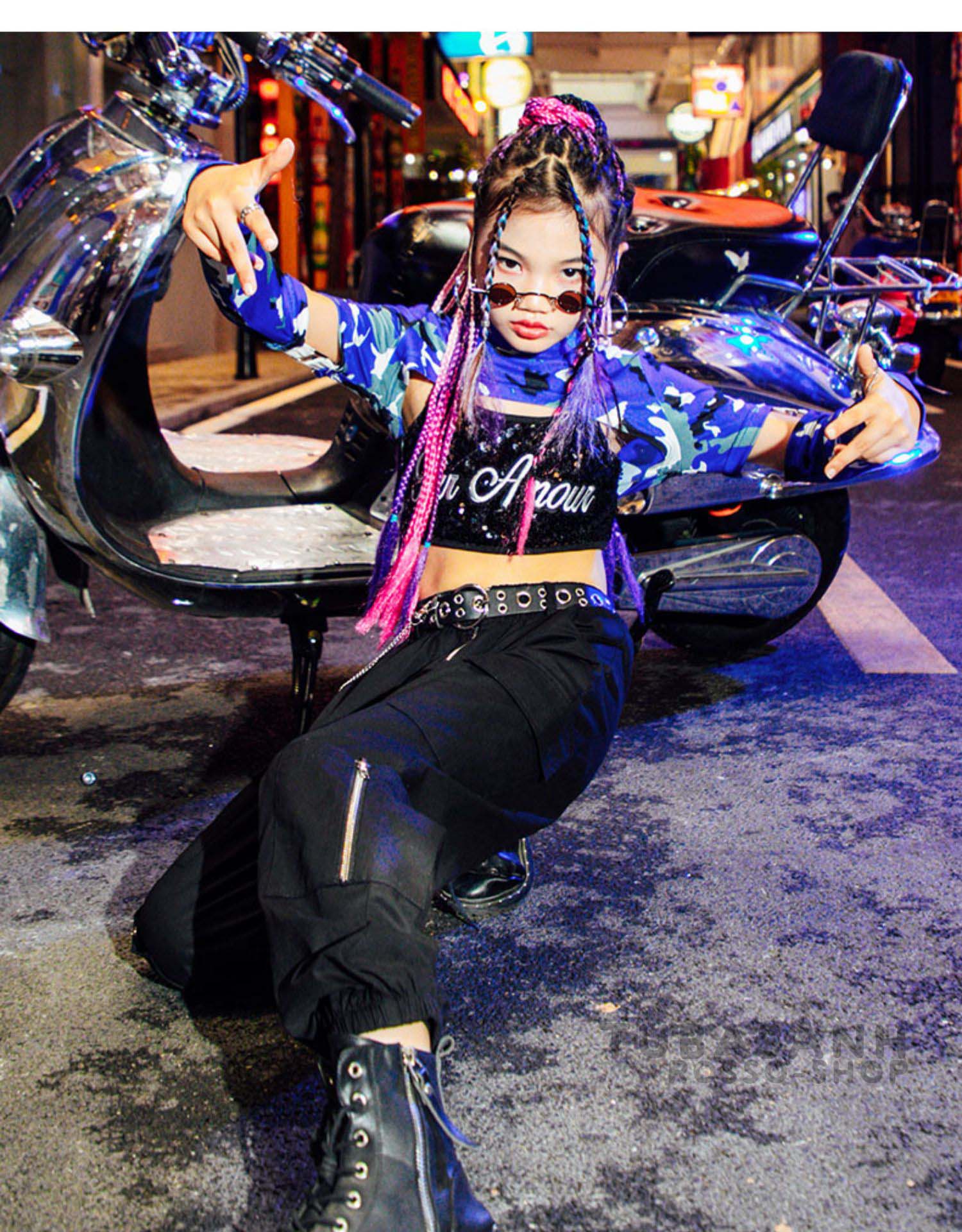 ダンス衣装 キッズ 女の子 迷彩 黒 紫 韓国 HIPHOP へそ出し 演習 ステージ衣装 ジャズダンス衣装 ヒップホップ セット 