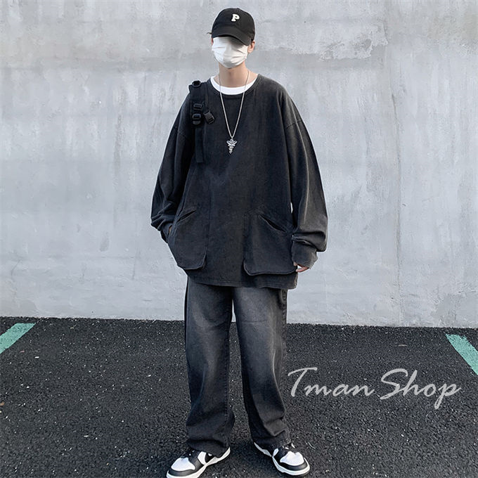 Tシャツ メンズ 長袖 クルーネック トップス 無地 大人 春 韓国ファッション ヒップホップ お洒落 大きいサイズ オフィス 秋 通勤 着痩せ ポケット付き 