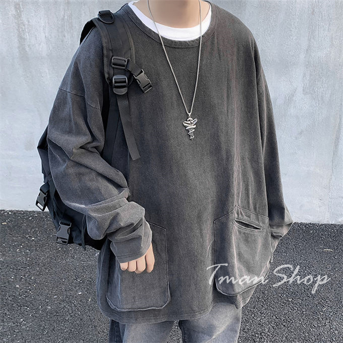 Tシャツ メンズ 長袖 クルーネック トップス 無地 大人 春 韓国ファッション ヒップホップ お洒落 大きいサイズ オフィス 秋 通勤 着痩せ ポケット付き 