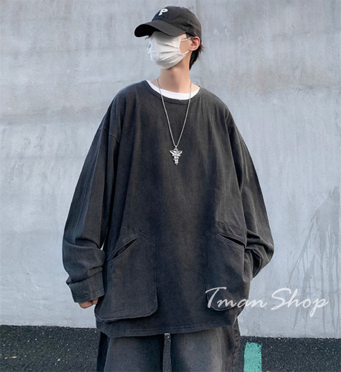Tシャツ メンズ 長袖 クルーネック トップス 無地 大人 春 韓国ファッション ヒップホップ お洒落 大きいサイズ オフィス 秋 通勤 着痩せ ポケット付き 