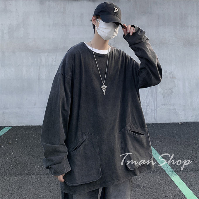 Tシャツ メンズ 長袖 クルーネック トップス 無地 大人 春 韓国ファッション ヒップホップ お洒落 大きいサイズ オフィス 秋 通勤 着痩せ ポケット付き 