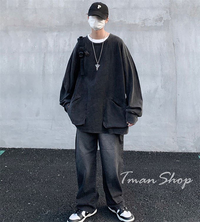 Tシャツ メンズ 長袖 クルーネック トップス 無地 大人 春 韓国ファッション ヒップホップ お洒落 大きいサイズ オフィス 秋 通勤 着痩せ ポケット付き 