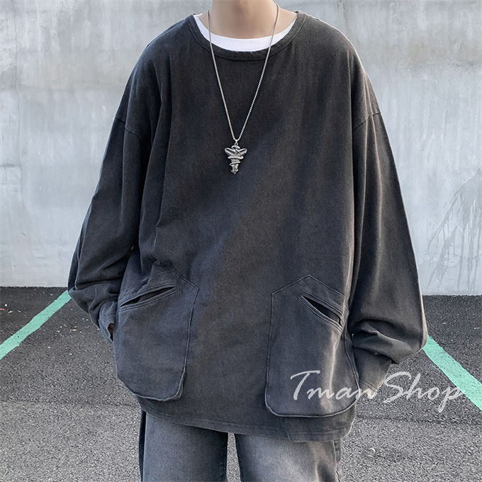 Tシャツ メンズ 長袖 クルーネック トップス 無地 大人 春 韓国ファッション ヒップホップ お洒落 大きいサイズ オフィス 秋 通勤 着痩せ ポケット付き 