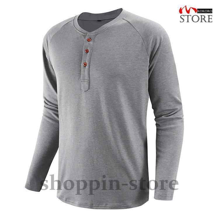ロンT メンズ 大きいサイズ 長袖Tシャツ トップス ボタン付き 綿混 夏物 Tシャツ クルーネック ティーシャツ 
