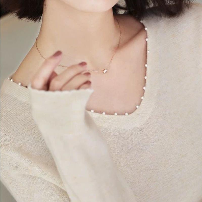 秋 冬 春ドロップビーズ手釘パールVネックニット長袖ヘッダーセーター 洗える 柔らかい羊毛  