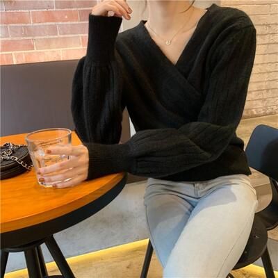 ニット トップス レディース カシュクール カットソー Vネック セーター フェミニン ショート丈 きれいめ 体型カ 可愛い 長袖 かっこいい おしゃれ カジュアル 