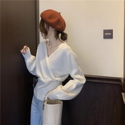 ニット トップス レディース カシュクール カットソー Vネック セーター フェミニン ショート丈 きれいめ 体型カ 可愛い 長袖 かっこいい おしゃれ カジュアル 