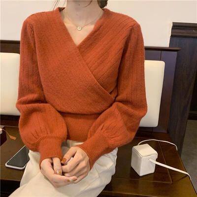 ニット トップス レディース カシュクール カットソー Vネック セーター フェミニン ショート丈 きれいめ 体型カ 可愛い 長袖 かっこいい おしゃれ カジュアル 