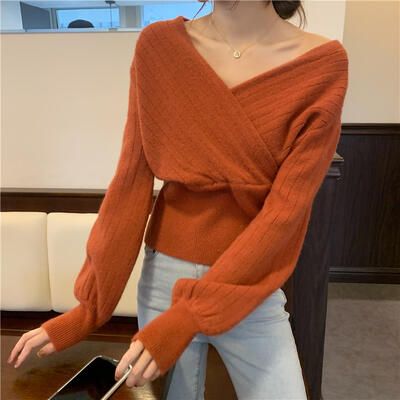 ニット トップス レディース カシュクール カットソー Vネック セーター フェミニン ショート丈 きれいめ 体型カ 可愛い 長袖 かっこいい おしゃれ カジュアル 