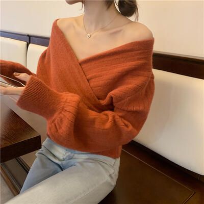 ニット トップス レディース カシュクール カットソー Vネック セーター フェミニン ショート丈 きれいめ 体型カ 可愛い 長袖 かっこいい おしゃれ カジュアル 