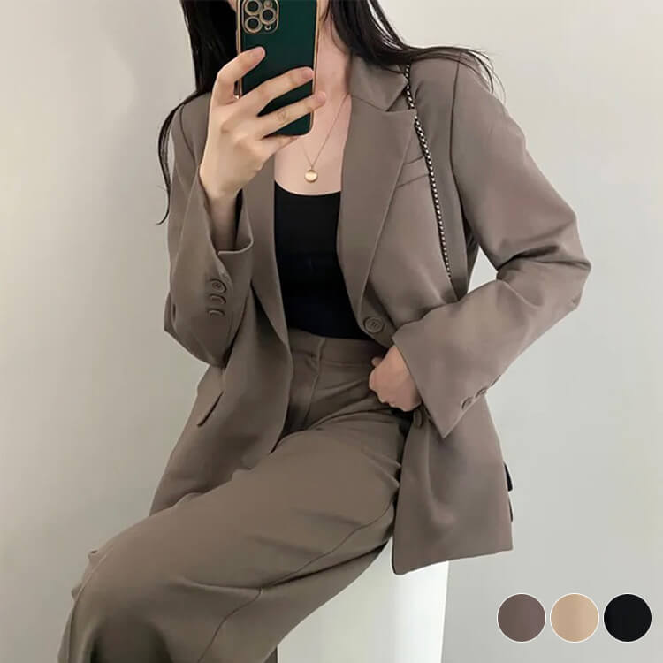 スーツ レディース 韓国 パンツ カジュアル シングル ジャケット ワイドパンツ セミロング テーラード ハイウエスト 春 おしゃれ セットアップ 