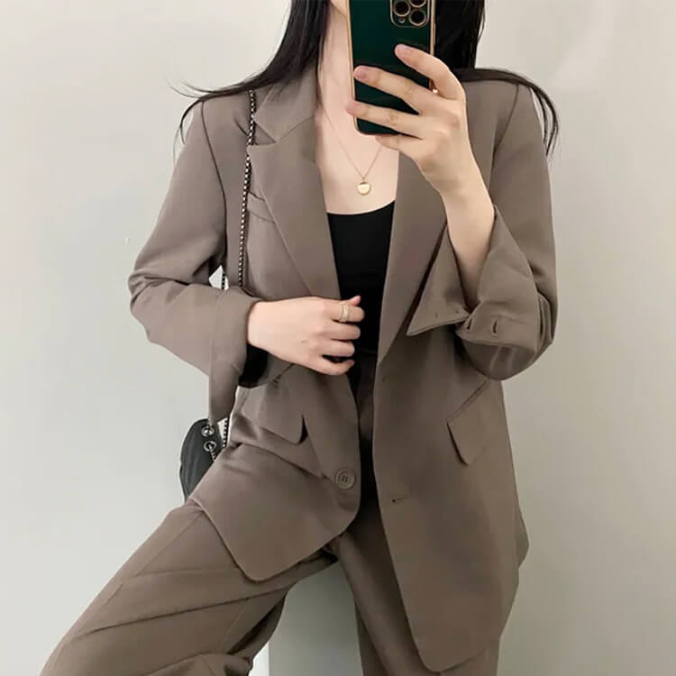 スーツ レディース 韓国 パンツ カジュアル シングル ジャケット ワイドパンツ セミロング テーラード ハイウエスト 春 おしゃれ セットアップ 