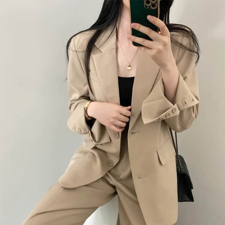 スーツ レディース 韓国 パンツ カジュアル シングル ジャケット ワイドパンツ セミロング テーラード ハイウエスト 春 おしゃれ セットアップ 