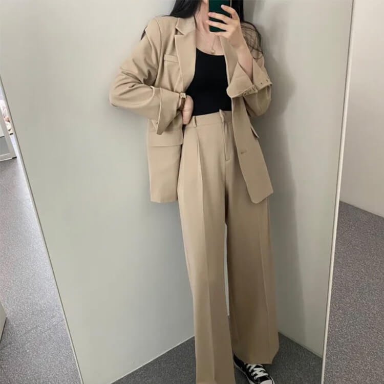 スーツ レディース 韓国 パンツ カジュアル シングル ジャケット ワイドパンツ セミロング テーラード ハイウエスト 春 おしゃれ セットアップ 