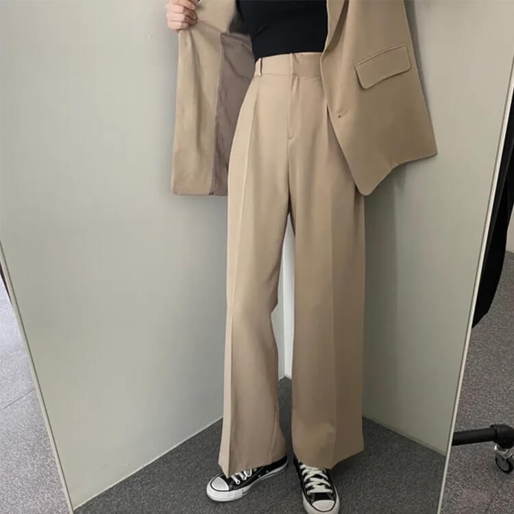 スーツ レディース 韓国 パンツ カジュアル シングル ジャケット ワイドパンツ セミロング テーラード ハイウエスト 春 おしゃれ セットアップ 