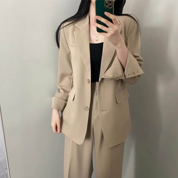 スーツ レディース 韓国 パンツ カジュアル シングル ジャケット ワイドパンツ セミロング テーラード ハイウエスト 春 おしゃれ セットアップ 