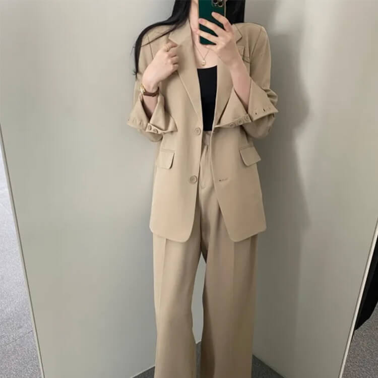 スーツ レディース 韓国 パンツ カジュアル シングル ジャケット ワイドパンツ セミロング テーラード ハイウエスト 春 おしゃれ セットアップ 