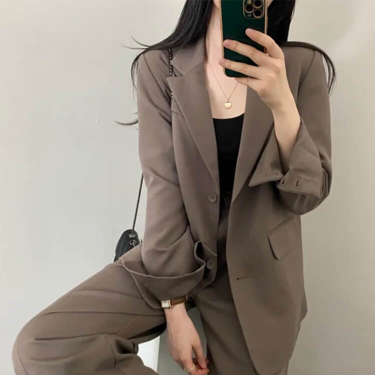 スーツ レディース 韓国 パンツ カジュアル シングル ジャケット ワイドパンツ セミロング テーラード ハイウエスト 春 おしゃれ セットアップ 