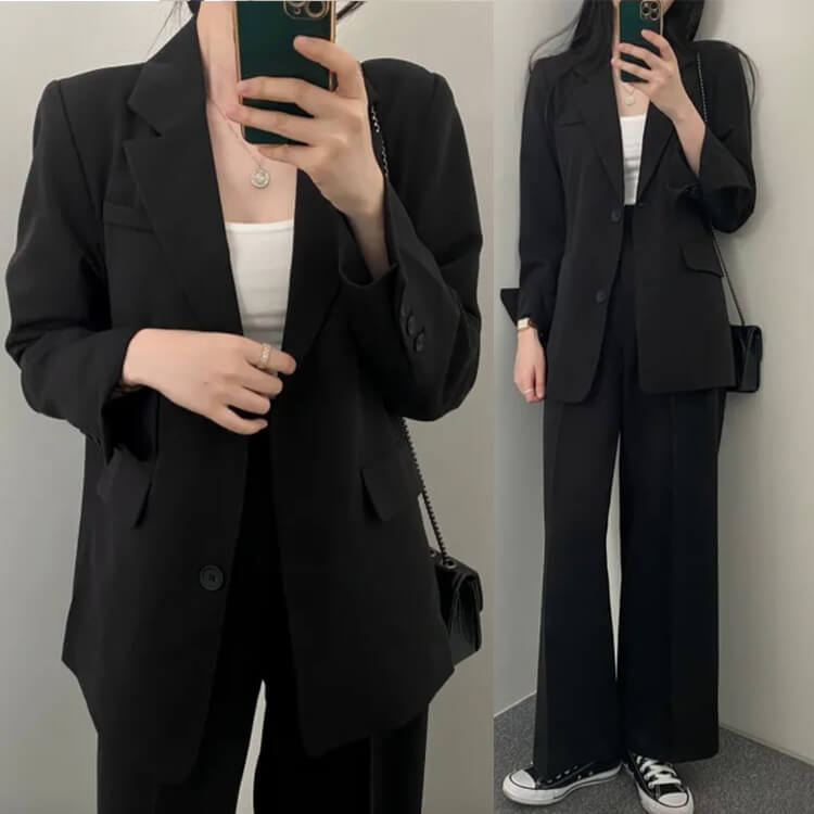 スーツ レディース 韓国 パンツ カジュアル シングル ジャケット ワイドパンツ セミロング テーラード ハイウエスト 春 おしゃれ セットアップ 