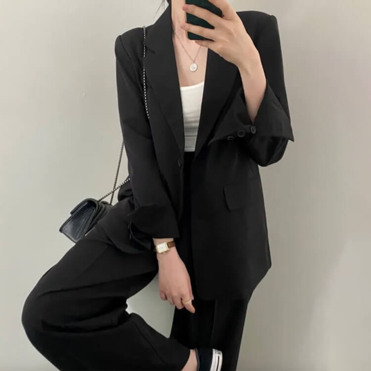 スーツ レディース 韓国 パンツ カジュアル シングル ジャケット ワイドパンツ セミロング テーラード ハイウエスト 春 おしゃれ セットアップ 