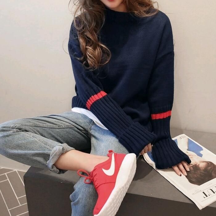 トップス ニット セーター リブ 配色 ライン クルーネック 可愛い 体型カバー 長袖 大人 フェミニン カジュアル ナチュラル ホワ レディース おしゃれ きれいめ 
