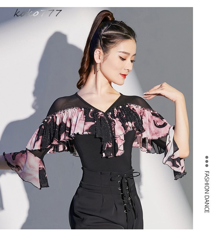 Tシャツ レディース レオタード 上衣 Vネック ラテンダンス 練習着 女子服 発表会 ウェア ロンパース 舞台衣装 トップス 部活公演 モダンダンス フリル 学園祭 