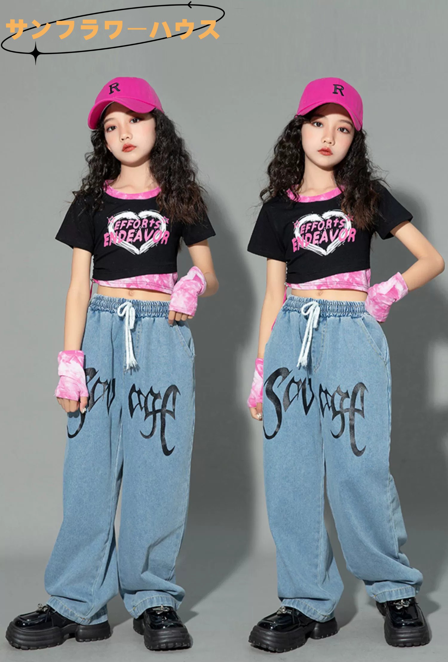 キッズ ダンス 衣装 チアガール ヒップホップ ヘソ出し 女の子 Tシャツ 演出服 セットアップ 黒Tシャツ キッズダンス衣装 ジャッズ ステージ ダンスウェア JAZZ 
