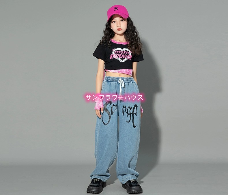 キッズ ダンス 衣装 チアガール ヒップホップ ヘソ出し 女の子 Tシャツ 演出服 セットアップ 黒Tシャツ キッズダンス衣装 ジャッズ ステージ ダンスウェア JAZZ 
