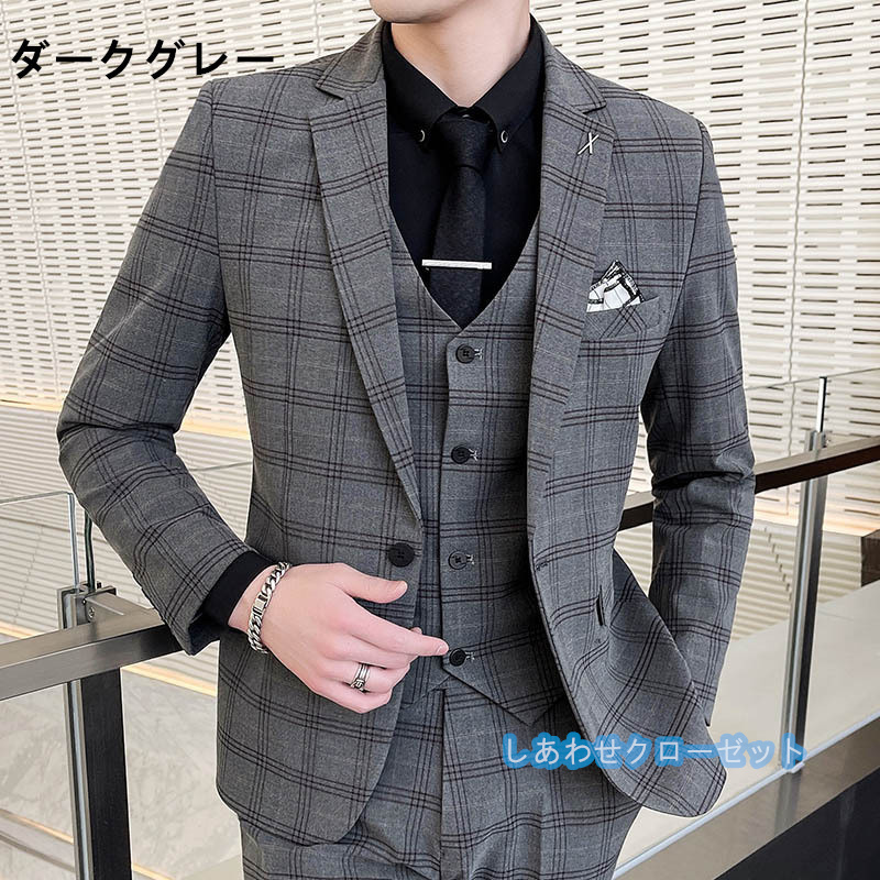 スーツ メンズ おしゃれ スーツセットアップ 3ピーススーツ ビジネススーツ 洗える チェック柄 通勤 紳士服 カジュアルスーツ 結婚式 スリム フォーマルスーツ 