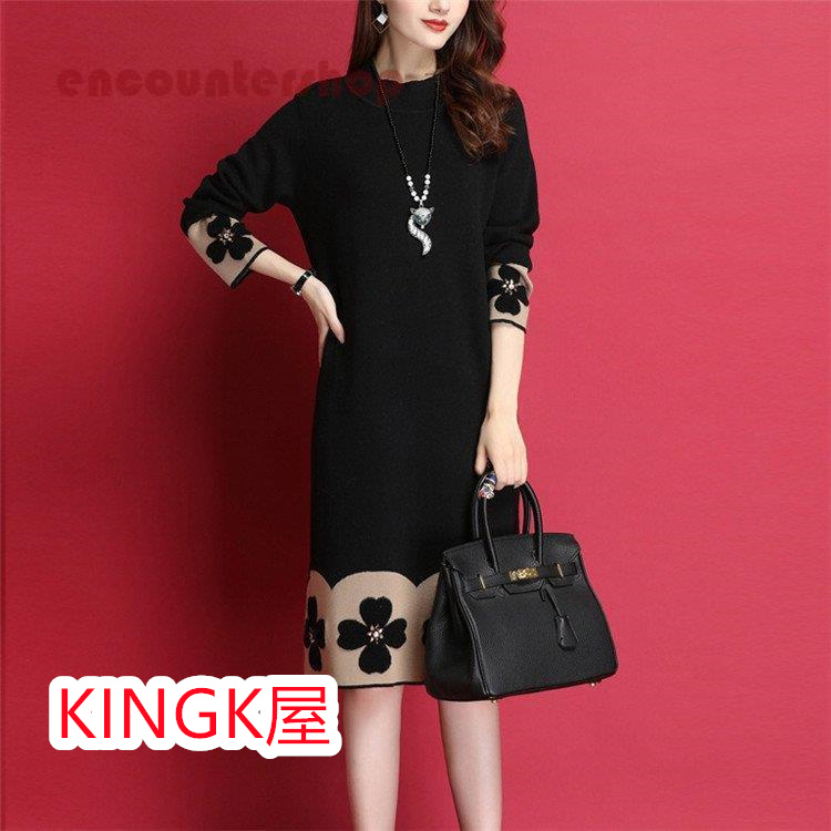 ニットワンピース レディース 30代 40代 50代 秋冬 着痩せ 配色 通勤 ワンピース メリヤス 上品 ワンピース セーター きれいめ 大人 膝丈 体型カバー 長袖 