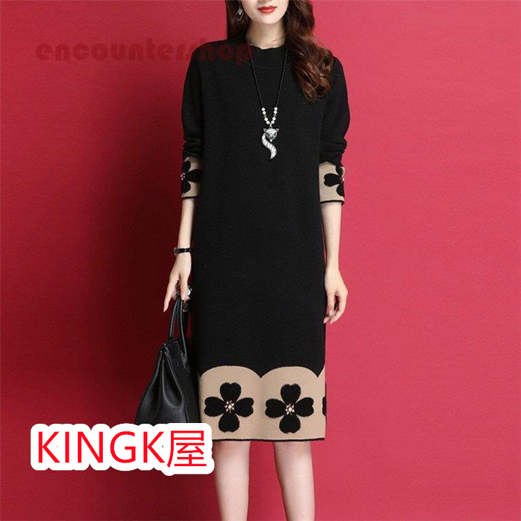 ニットワンピース レディース 30代 40代 50代 秋冬 着痩せ 配色 通勤 ワンピース メリヤス 上品 ワンピース セーター きれいめ 大人 膝丈 体型カバー 長袖 