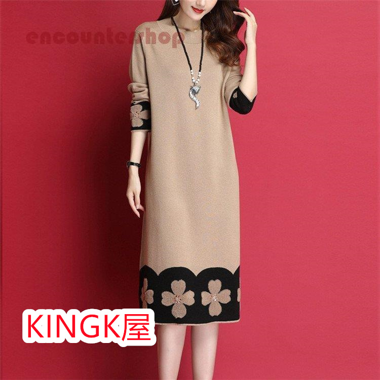 ニットワンピース レディース 30代 40代 50代 秋冬 着痩せ 配色 通勤 ワンピース メリヤス 上品 ワンピース セーター きれいめ 大人 膝丈 体型カバー 長袖 