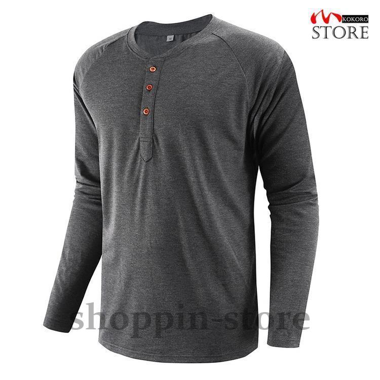 ロンT メンズ 大きいサイズ 長袖Tシャツ トップス ボタン付き 綿混 クルーネック ティーシャツ Tシャツ 夏物 