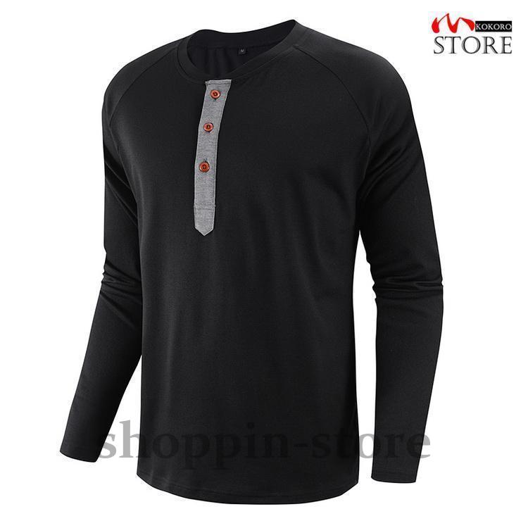 ロンT メンズ 大きいサイズ 長袖Tシャツ トップス ボタン付き 綿混 クルーネック ティーシャツ Tシャツ 夏物 