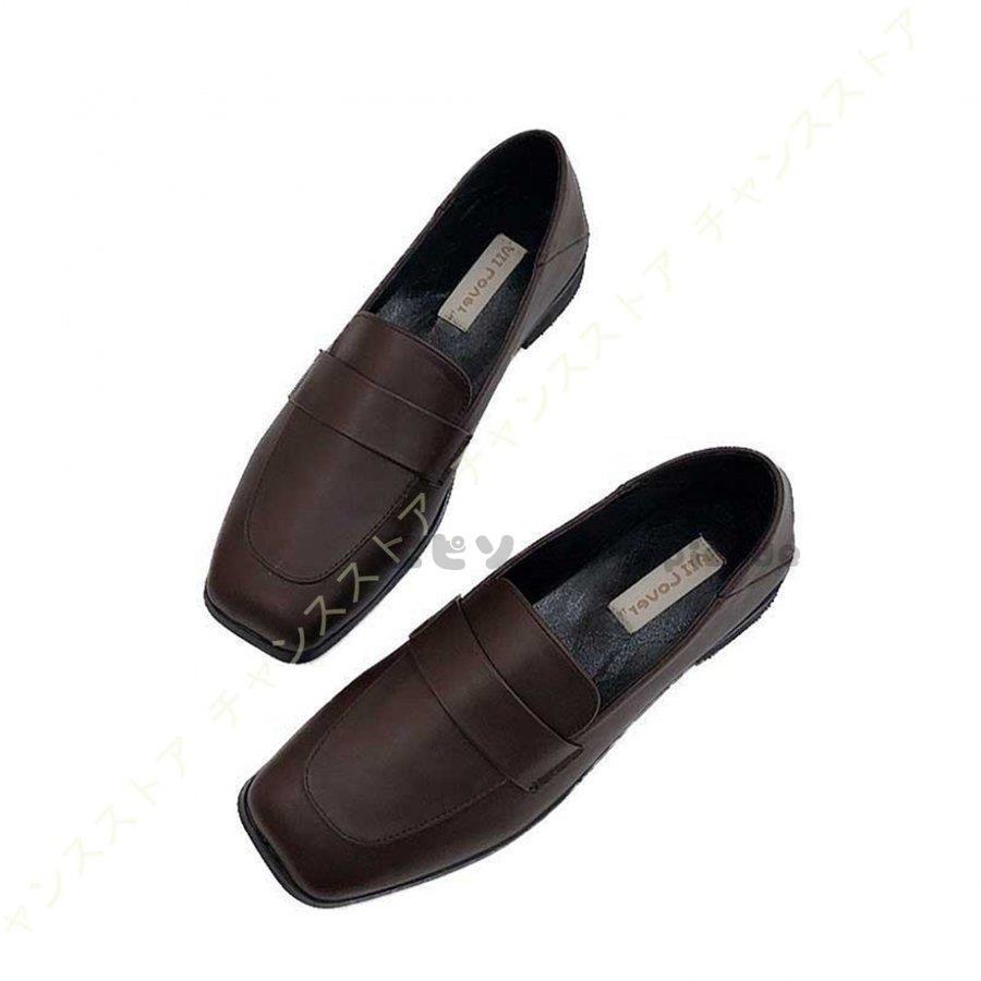 スクエアトゥ ローファー レディース フラットスムース ビット付き 無地 フラットパンプス 大きいサイズ ぺたんこ ローヒール 黒 ブラック 痛くない 