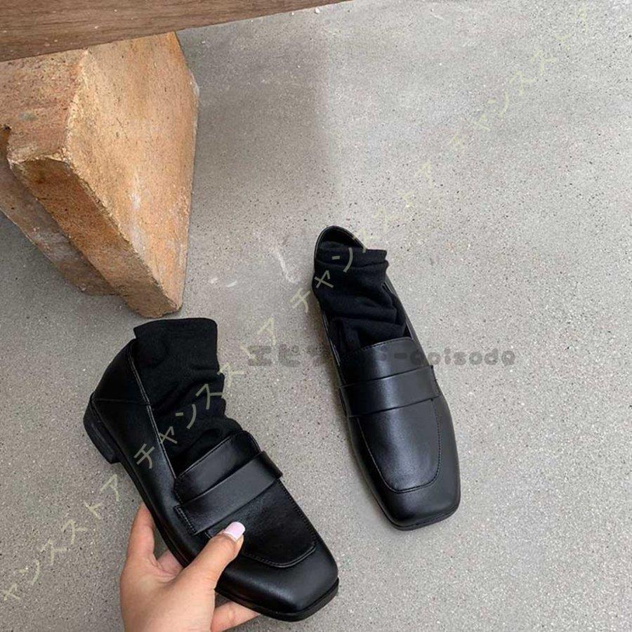 スクエアトゥ ローファー レディース フラットスムース ビット付き 無地 フラットパンプス 大きいサイズ ぺたんこ ローヒール 黒 ブラック 痛くない 