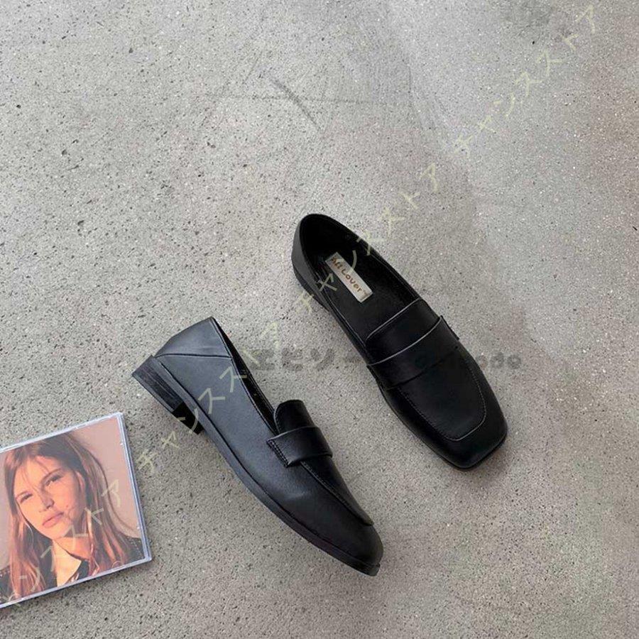 スクエアトゥ ローファー レディース フラットスムース ビット付き 無地 フラットパンプス 大きいサイズ ぺたんこ ローヒール 黒 ブラック 痛くない 