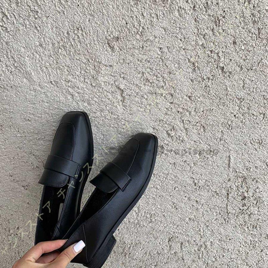 スクエアトゥ ローファー レディース フラットスムース ビット付き 無地 フラットパンプス 大きいサイズ ぺたんこ ローヒール 黒 ブラック 痛くない 