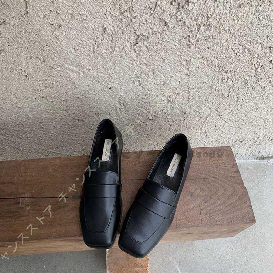 スクエアトゥ ローファー レディース フラットスムース ビット付き 無地 フラットパンプス 大きいサイズ ぺたんこ ローヒール 黒 ブラック 痛くない 