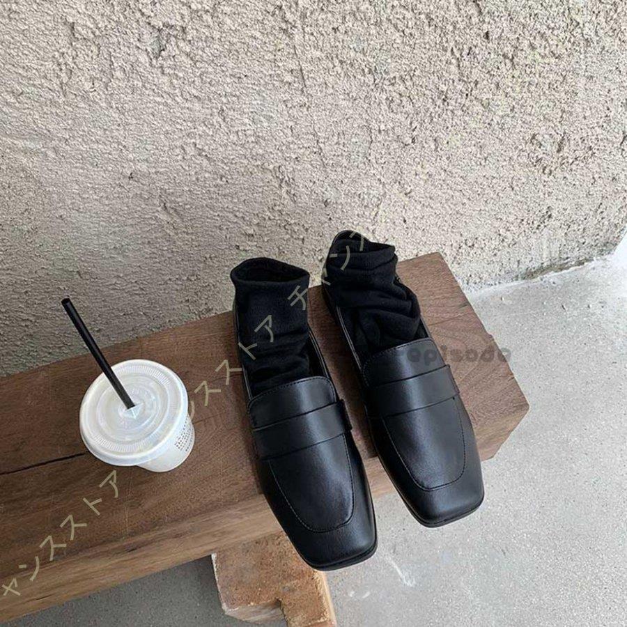 スクエアトゥ ローファー レディース フラットスムース ビット付き 無地 フラットパンプス 大きいサイズ ぺたんこ ローヒール 黒 ブラック 痛くない 