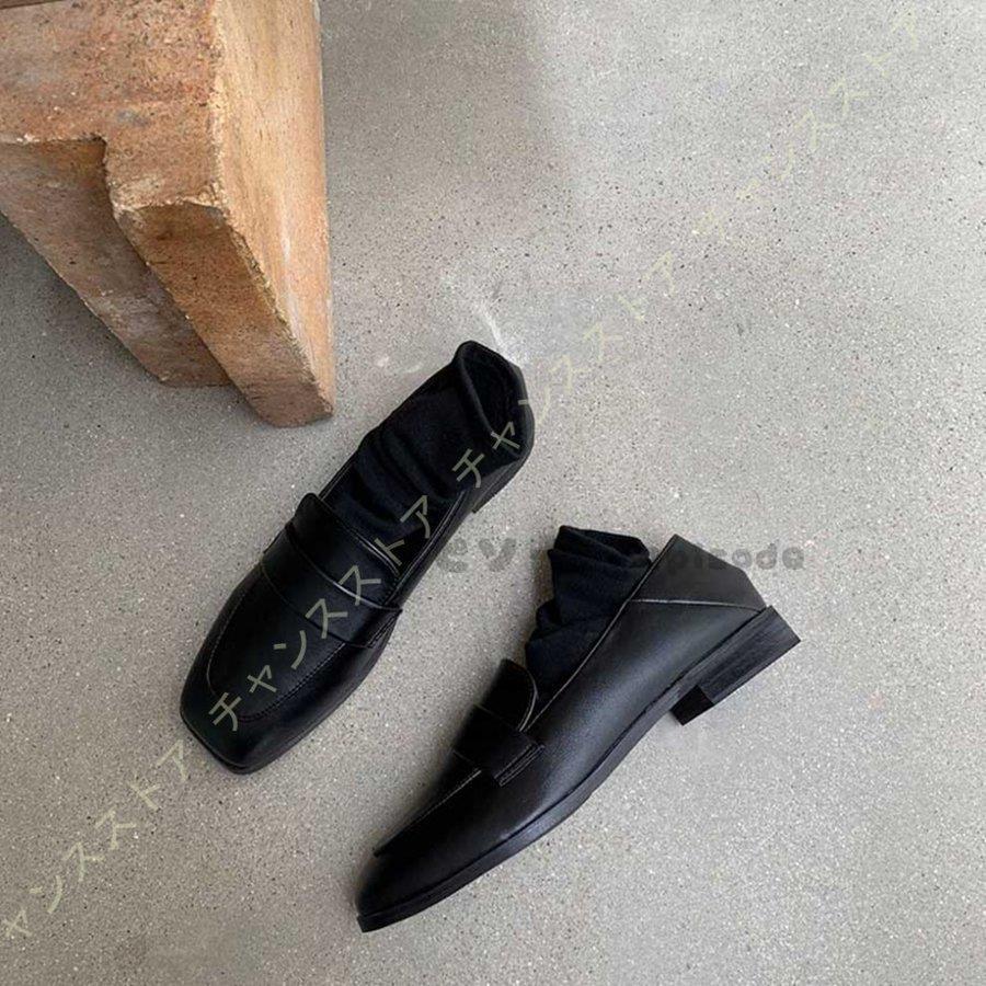 スクエアトゥ ローファー レディース フラットスムース ビット付き 無地 フラットパンプス 大きいサイズ ぺたんこ ローヒール 黒 ブラック 痛くない 