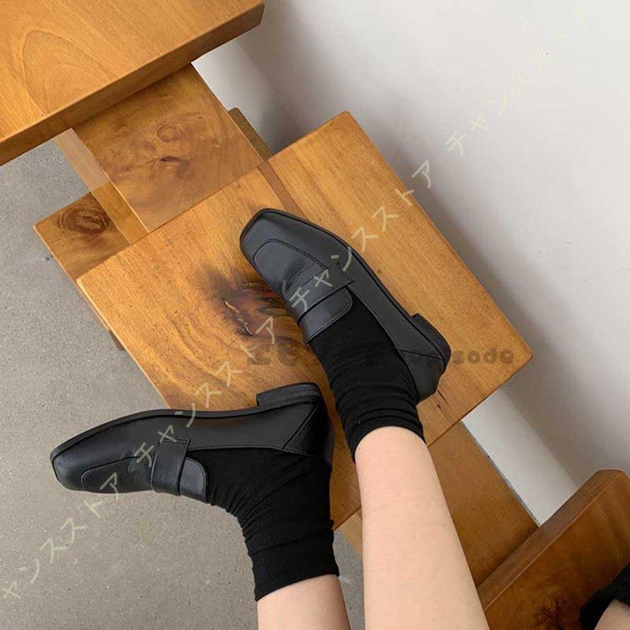 スクエアトゥ ローファー レディース フラットスムース ビット付き 無地 フラットパンプス 大きいサイズ ぺたんこ ローヒール 黒 ブラック 痛くない 