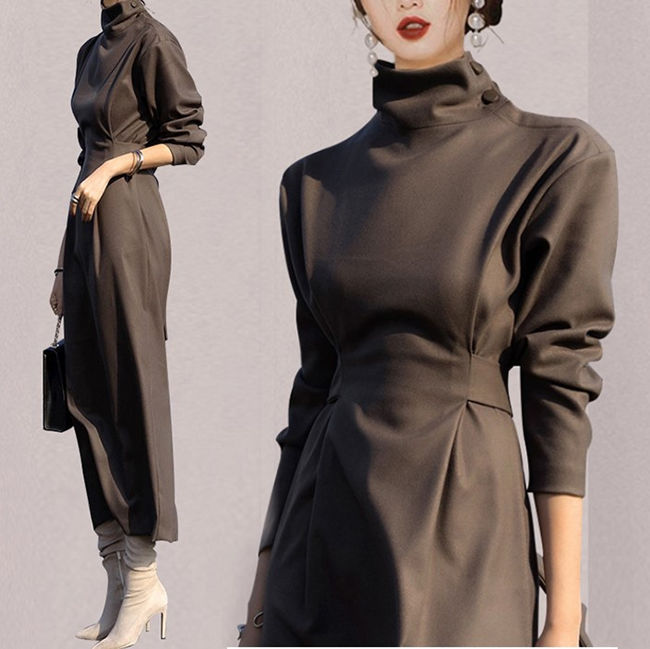 パーティードレス レディース タートルネック 長袖 ロング モノトーン 結婚式 ワンピ ワンピース フォーマル ドレス お呼ばれ パーティ 成人式 社交 2次会 