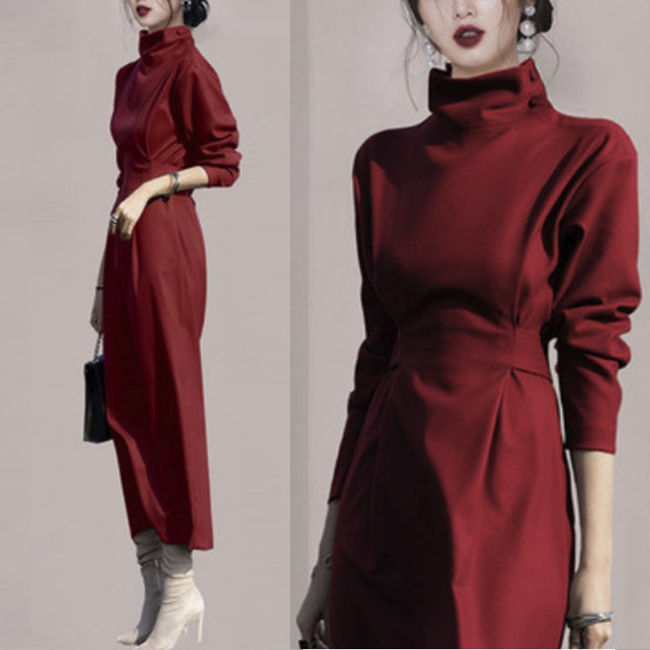 パーティードレス レディース タートルネック 長袖 ロング モノトーン 結婚式 ワンピ ワンピース フォーマル ドレス お呼ばれ パーティ 成人式 社交 2次会 