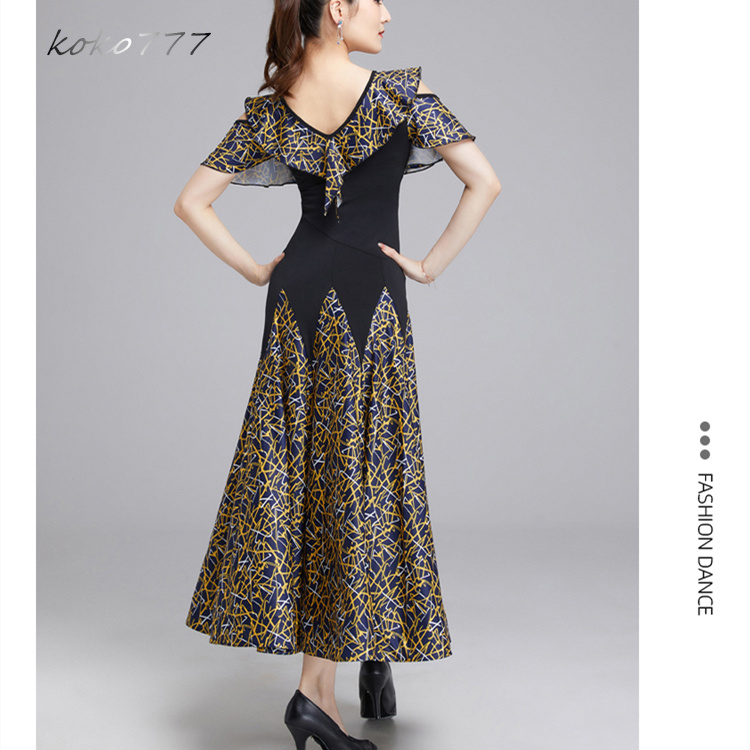 ロングドレス レディース ワンピース ラテンダンス 柄物 パーティー 洋服 コスチューム 社交ダンス 発表会 モダンダンス ナショナルダンス ワルツ 舞台衣装 